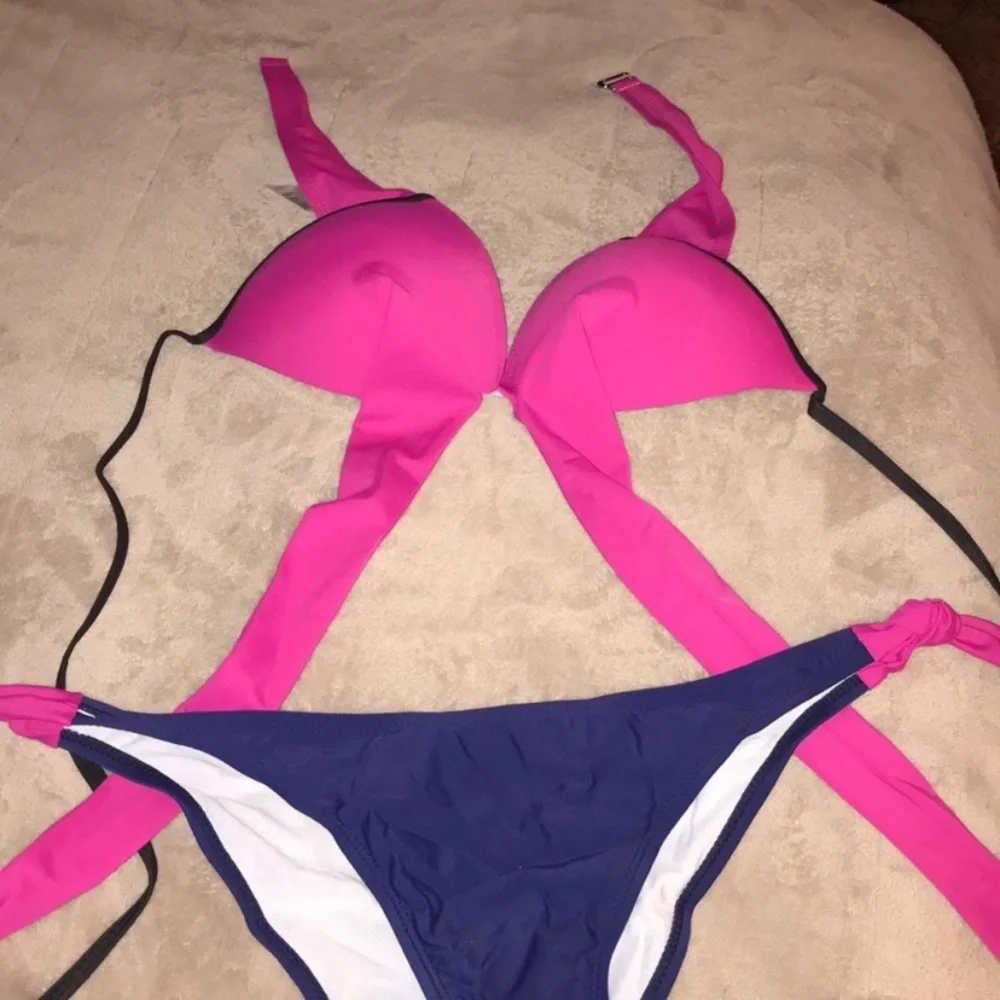 Color block cross halter push up bikini two piece swimsuit - Picture 2 of 9